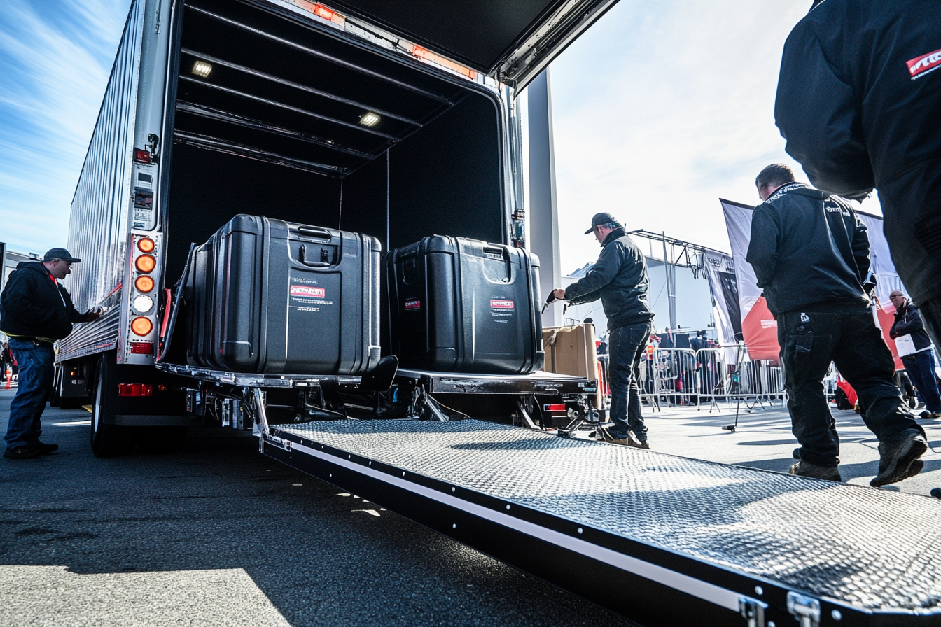 Qualified trade show logistics professionals loading safely packaged booth equipment onto a truck for transport.